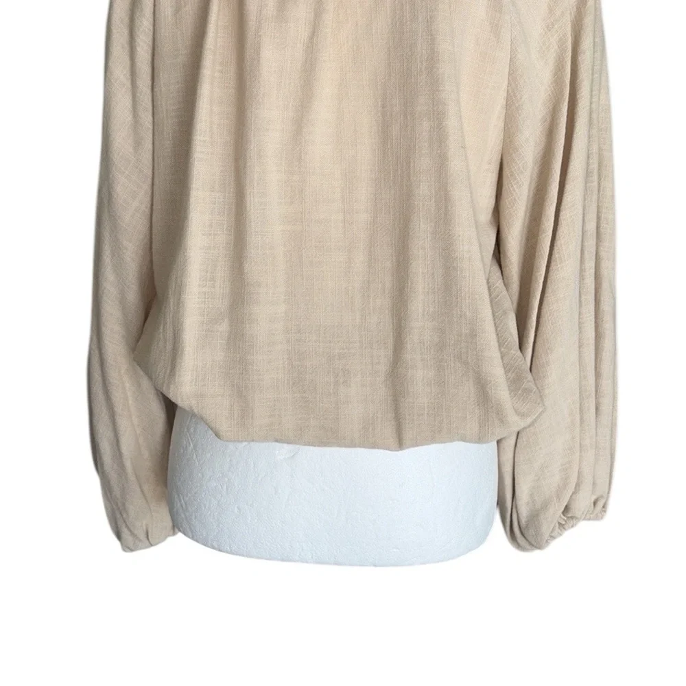 LN Zara Beige Shell Button Puff Sleeve Blouson Balloon Cropped Top Blouse - M